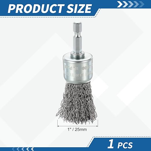 Wire Brush for Drill (1"/25mm) 1Pack, Crimping Steel Wire 0.012" (Carbon Steel) Wire Brush Drill Attachment with 1/4" Hex Shank - for Rust, Cleaning, Deburring on Cast Iron
