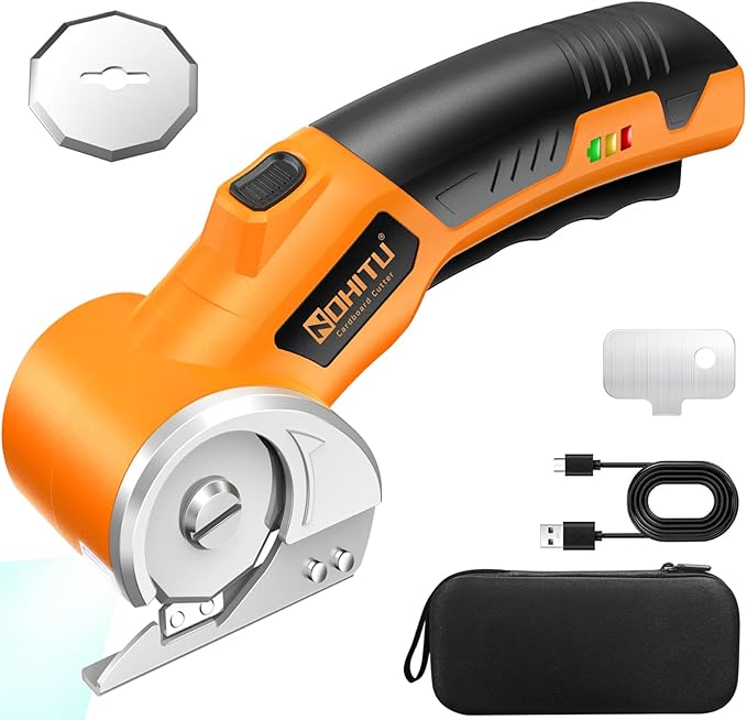 Cordless Electric Scissors: 4V Rechargeable Rotary Cardboard Cutter, 3000mAh Battery, with LED Light & Safety Lock, 2 Blades, Electric Box Cutter for Fabric Carpet Carton Plastic Leather Cloth(Yellow)