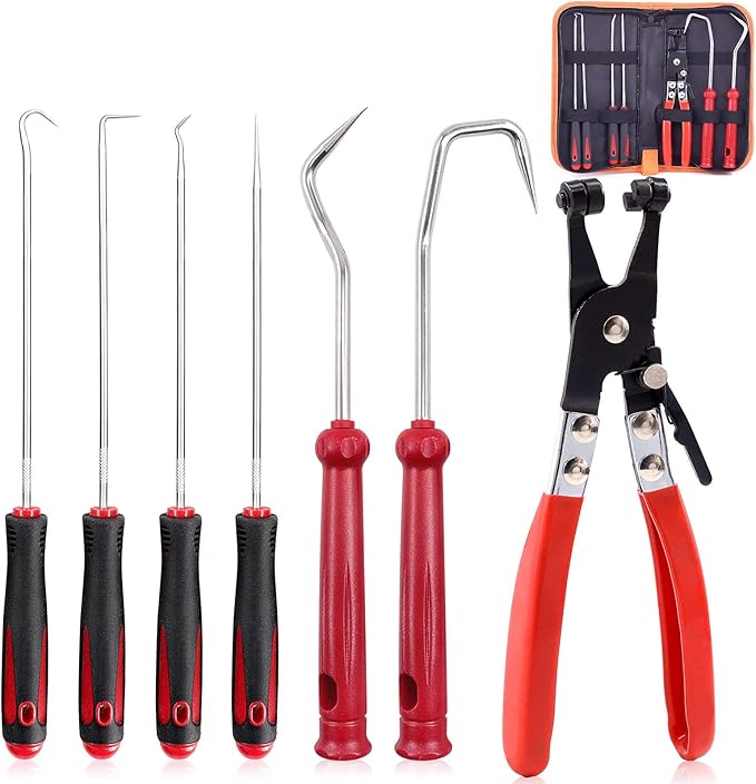 Keadic 7 Pieces Hose Clamp Plier Set, Including 6Pcs Hose Clamp Removal Hooks and Picks & 1Pcs Flat Band Car Water Pipe Locking Plier for Car Truck Fuel Oil Water Pipe Repair