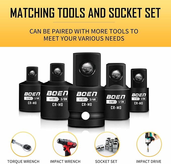 BOEN 5 Piece Impact Socket Adapter Set and Reducer Set, Standard SAE, 1/4", 3/8", 1/2" Drive Socket Adapter Set, CR-MO Steel Impact Adapter Conversion Set for Impact Driver Wrench