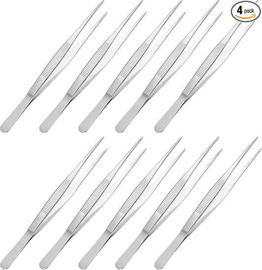 uxcell Stainless Steel Tweezers 8-Inch Straight Serrated Tip Stainless Steel Multipurpose Sewing Tweezer Silver 10 Pcs