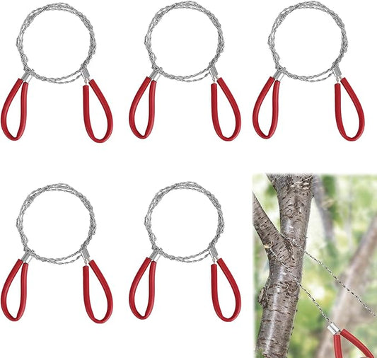 5PC Red Stainless Steel Cable Saw Set, Metal Wire Saw for Emergency Survival, 23.62 Inch Hand Pocket String Rope Cutting Tool, Ideal for Camping, Hiking, Hunting Adventures