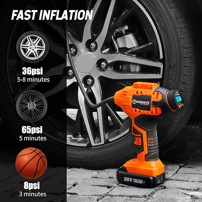 WORKSITE Cordless Tire Inflator Air Compressor,Portable Handheld Air Pump,Battery Powered Car Tire Pump with 12V Car Power Adapter Digital Pressure Gauge for Cars Motorcycles, Orange