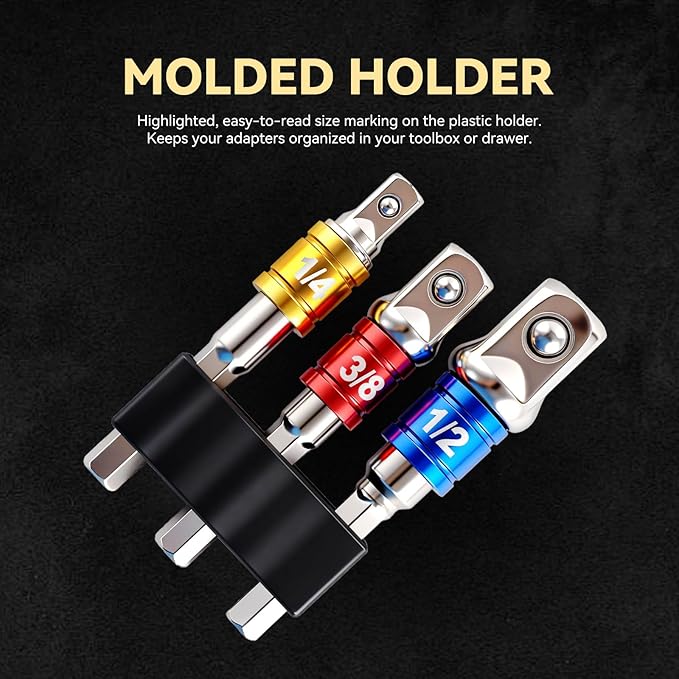 3PCS Hex Shank to Square Heavy Duty Socket Adapter Set, Impact Grade Drill Socket Adapter (1/4", 3/8", 1/2"), Anti-Slip Detent Ball, drill Attachments for Power Drill & Impact Driver