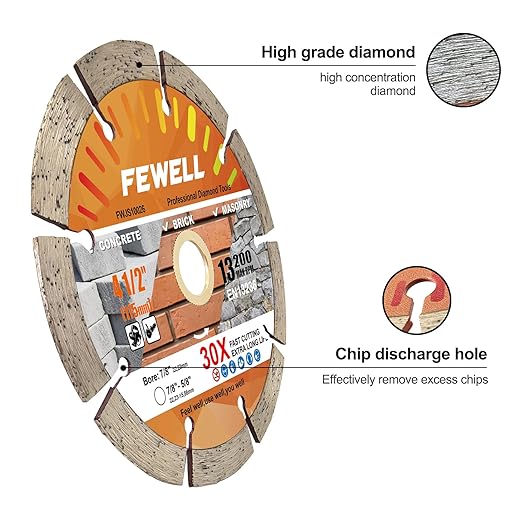 FEWELL 4 1/2 Inch Diamond Concrete Saw Blade,Segmented Concrete Blade for Angle Grinder Dry/Wet Cutting Masonry Brick Block Stone with 7/8"-5/8??Arbor