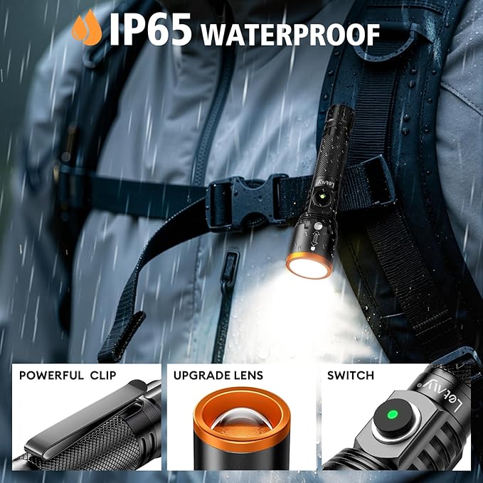 LETMY Small Rechargeable Flashlights Powerful, Zoomable Mini Flashlights High Lumens with Clip, 3 Modes&Memory Function LED Tactical Flashlight, Pocket EDC Flash Lights for Home Camping Emergency Gift