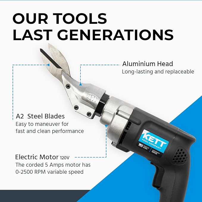 Kett KD-480 Electric Shears, 2500 RPM, A-2 Steel Blades, Rabbit Ear Blades, Electric Cutter, Metal Cutting, Carpet Cutter, 5 lb, Cutting Tool for Vinyl, Woven Woods, Leather, Rubber, Cardboard, etc.