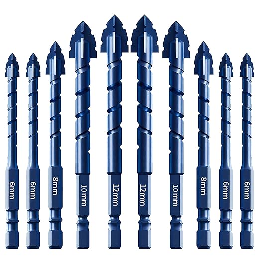 Upgraded Serrated Masonry Drill Bit Set 10PCS,Four-Flute Sawtooth Eccentric Drill Bit for Tile/Glass/Brick/Wood/Plastic, Professional Concrete Drill Bit Set