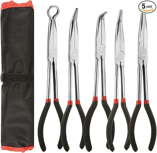 RHBLME 5 Pack Needle Nose Pliers Set, 11 Inch Long Needle Nose Pliers Set, 11" Long Reach Straight Pliers, 45/90 Degree Bent Nose Pliers,Diagonal Pliers and O-shape Tip Craft Repairing Tool