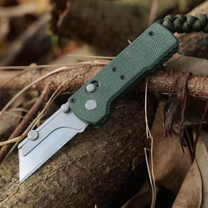 OKNIFE Otacle U1 Folding Utility Knife, Quick Change Box Cutter with Rail Lock, EDC Razor Knife with Pocket Clip for Office, Factory (Green Micarta)