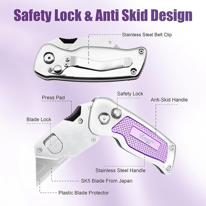 Vickay Box Cutter, Utility Knife with Belt Clip, Stainless Steel Body Handle, Quick-change Blade and Safety Axis Lock, Razor Knife, Cardboard Cutter with Extra 5PC SK5 Blades (Purple)