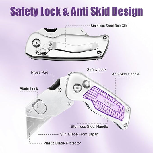 Vickay Box Cutter, Utility Knife with Belt Clip, Stainless Steel Body Handle, Quick-change Blade and Safety Axis Lock, Razor Knife, Cardboard Cutter with Extra 5PC SK5 Blades (Purple)