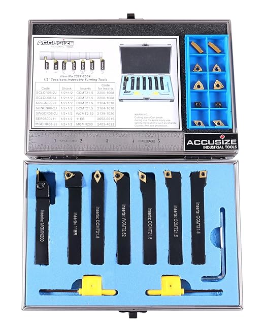 Accusize Industrial Tools 1/2'' Shank 7pc Indexable Carbide Turning Tool Set with 10 Extra TiN?멌oated Inserts, 2387??004PLUS