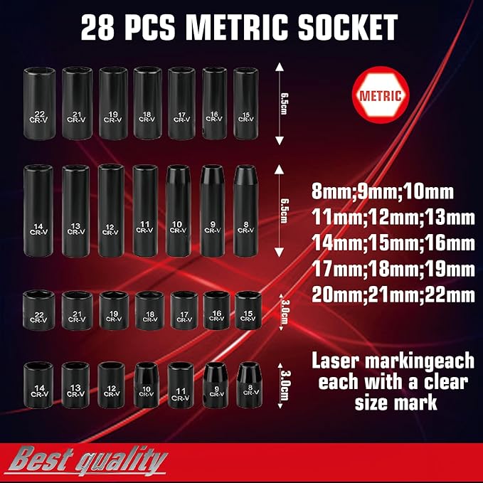 3/8" Drive Impact Socket Set 50-Piece, SAE (5/16-3/4) & Metric (8-22mm), Deep & Shallow with 3/8-Inch Ratchet Handle, 6 Points,Cr-V, Extension Bars, Universal Joint, Gift for Men