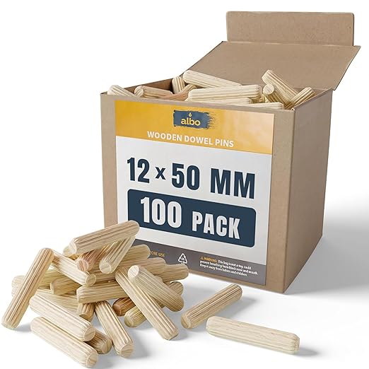 ALBO Wooden Dowel Pins 12mm x 50mm Fluted Wood Dowels Rods 100 Pack Hardwood Crafts Dowel Pegs