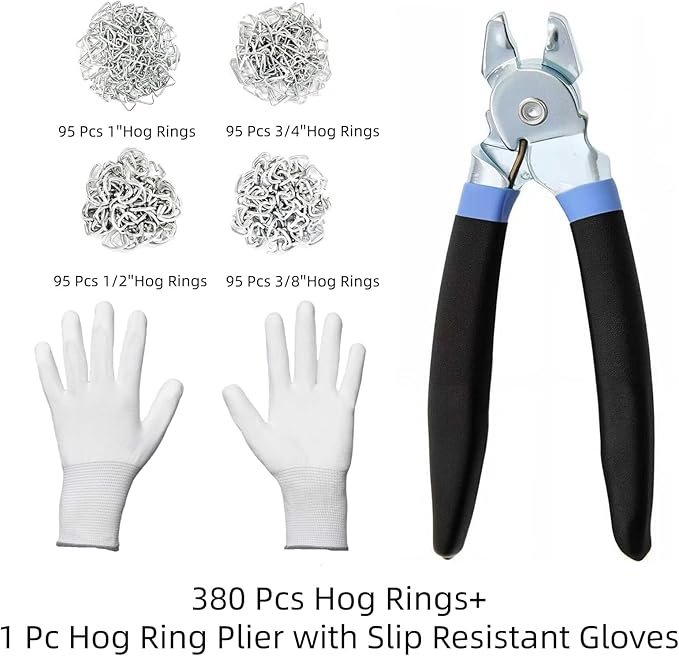 Hog Ring Pliers Kit with 380 Pcs 1" 3/4" 1/2" 3/8" Galvanized Steel Hog Rings,Bent Hog Ring Pliers Kit for Auto Upholstery and Fencing,Bagging,DIYCraft,Furniture(Blue)