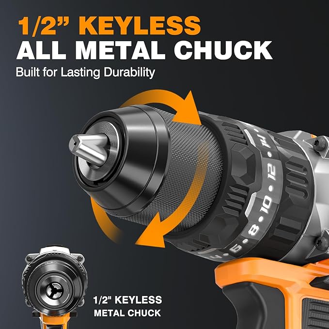 Alloyman 20V MAX Cordless Hammer Drill, Max 620 In-lbs, 31500BPM, Brushless Motor, 1/2" Keyless Metal Chuck, 20+3 Torque Settings, Impact Drill Kit for Drilling Brick Wall, Metal