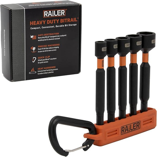 Railer Nut Driver Set - Premium 4 Inch 5-Piece Nutsetter Bit Set With A Storage Bit Holder & Carabiner