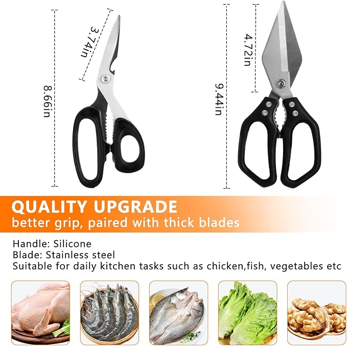2-Piece Kitchen scissors (1 Heavy-Duty Poultry Shears + 1 Chicken Bone scissors) Stainless Steel Cooking Shears, Multi-purpose kitchen shears for meat, fish, vegetables, and poultry.