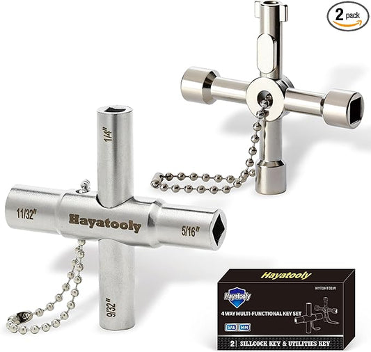 HAYATOOLY 4-Way Sillcock Key, 2-Pack 40Cr Water Key, Multi-Functional & Utility Wrench, Shut Off Tool for 1/4", 9/32", 5/16", 11/32" Valve, Spigot & Electric Meter, Ideal for Home, Public & Commercial