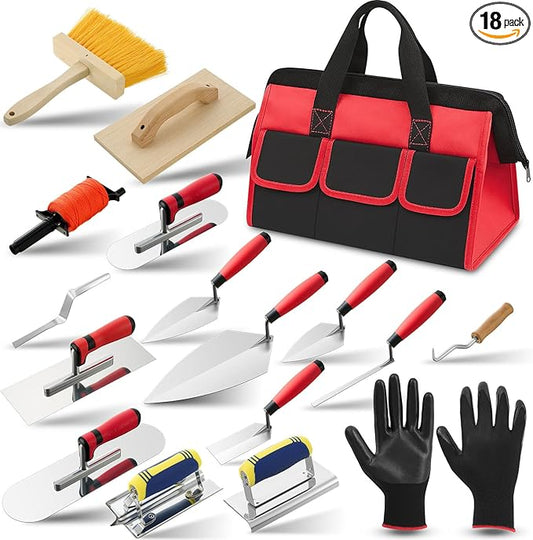 18 Pcs Masonry Hand Tool Set in Tool Bag Includes 6 Pcs Trowel Set Wooden Sanding Board Stainless Steel Putty Knife Brush Rebar Hook Masonry Kit Rubber Gloves Construction Wire(Orange)