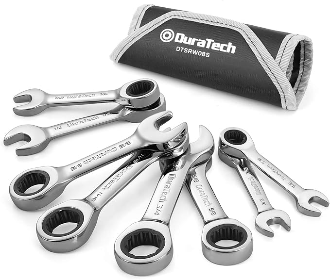 DURATECH Stubby Ratcheting Combination Wrench Set, SAE, 8-Piece, 5/16'' to 3/4'', CR-V Steel, with Rolling Pouch