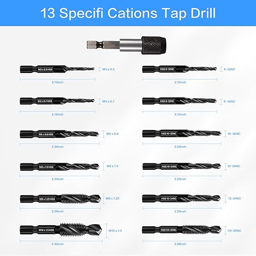Drill & Tap Bits Set of 13 pcs - 6 SAE Sizes: 6-32NC to 1/4-20NC, 6 Metric Sizes: M3 to M10 and a Quick-Change Adapter ??Combine Drilling Tapping Threading Countersinking Functions in One Bit, Black