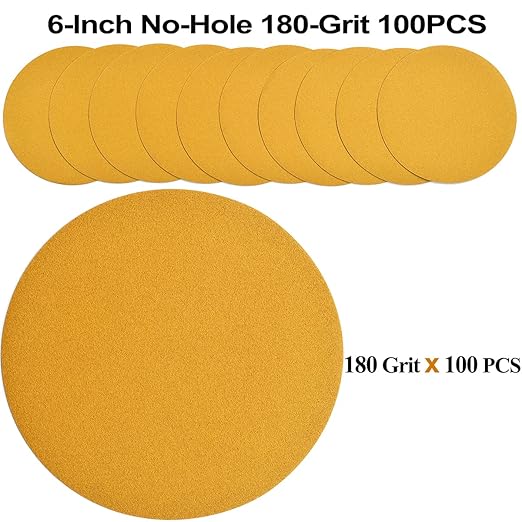 6-Inch No-Hole Hook and Loop Sanding Discs 180-Grit, Random Orbital Sandpaper for Automotive and Woodworking, 100-Pack