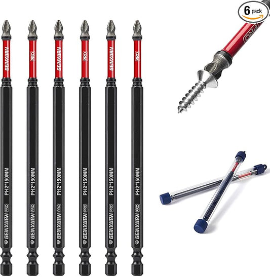 6Pcs Diamond Coated Impact Screwdriver Bit Set, 6 Inches #2 Phillips Power Driver Bits, Magnetic S2 Steel PH2 Screwdriver Bits Set with Tubes Package