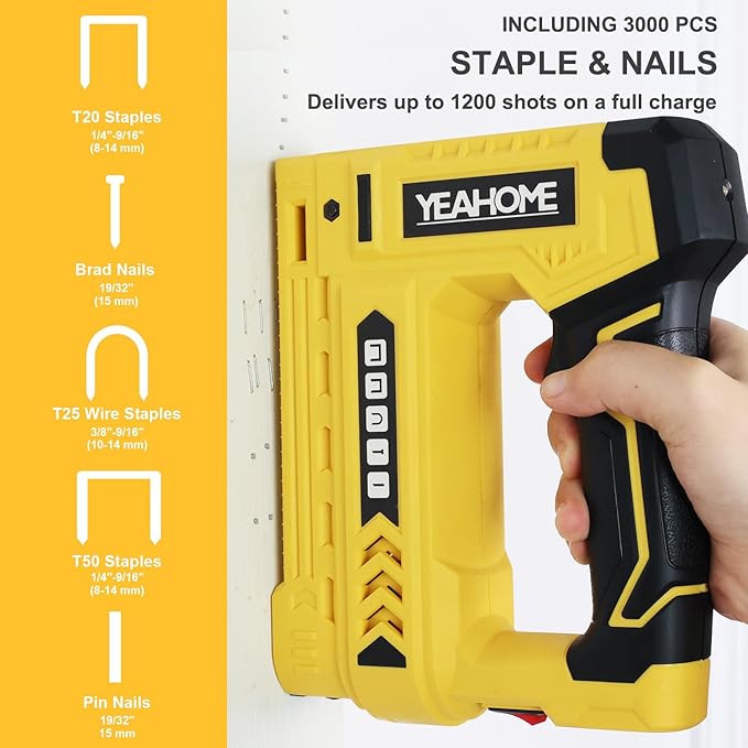 YEAHOME Electric Staple Gun, 5 in 1 Cordless Staple Gun for Upholstery with 1200 5/16" Staples, 600 1/2" U-Shape Staples, 600 19/32??pin Nails, 60019/32??Nails and 1 USB Charger Cable