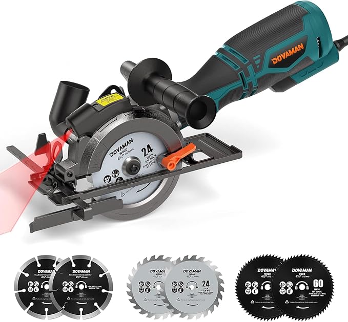 DOVAMAN Circular Saw, 5.8A 4-1/2" Circular Saw w/Laser, Metal Auxiliary Handle, 6 Blades (4½", 4¾"), Cutting Depth 1-11/16" (90°), 1-3/8" (45°), Ideal for Wood, Soft Metal, Plastic, Tile - MCS01A