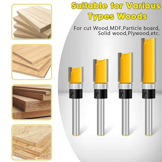 Straight Router Bits Feanron Router Guide Tool ,4 Pcs 1/4 Shank Wood Cutter Woodworking Tools Top Bearing Flush Trim Router Bits Set for Woodworking,Home DIY and Lettering (Yellow)