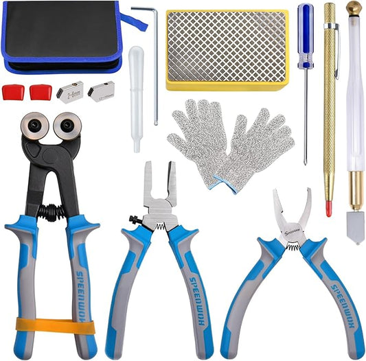 SPEEDWOX 14Pcs Premium Glass Running Breaking Pliers and Class Cutter Tools Kit Breaker Grozer Pliers Heavy Duty Glasses Cutting Tool with Rubber Tip Work Great for Stained Glasses, Tiles, Mosaic