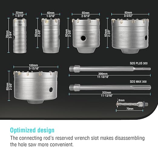 BINOTA 9PCS Concrete Hole Saw Kit, Rotary Hammer Core Bit Hole Saw, with SDS Plus and SDS MAX Shank, for Concrete Cement Brick Wall Stone Masonry, Core bit Set 30 40 65 80 100 mm