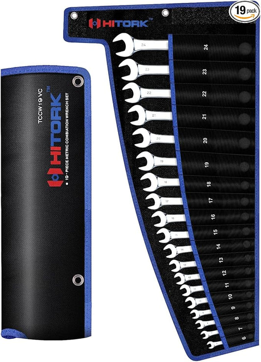 HITORK 19 Piece Metric Combination Wrench Set (6??4mm) Cr-V Steel Mirror Chrome Finish 12-Point Box End, 15째 Offset, Roll-Up Pouch ??Durable Open End Wrench Set for Home, Garage & Auto Repair