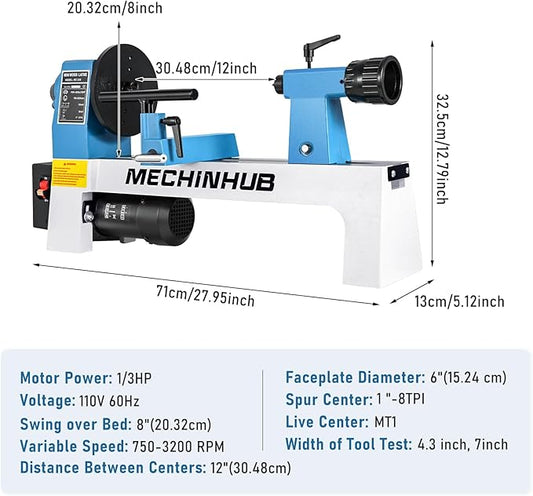 Mini Benchtop Wood Lathe, 8" x 12" Small Wood Lathe Machine 1/3 HP Infinitely Variable Speed 750-3200 RPM with Wood Turning Lathe Tools Kits Professional for DIY Woodworking