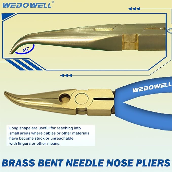WEDOWELL 8" Bent Needle Nose Pliers,Paper Clamp Precision,Soft Grip with Wire Cutter,Brass Long Nose Cutting Pliers for Home, Fishing, Jewelry, Crafts,Length 200mm