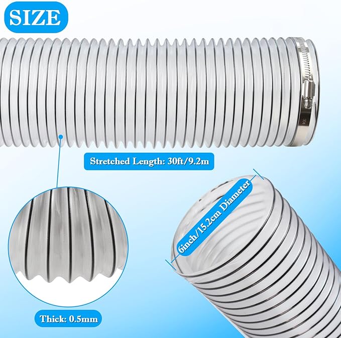 6" x 30' PVC Dust Collection Hose,6 Inch Dust Collector Vacuum Hose for Woodworking Dust Collection Systems, Dust Collection Tube Flexible Clear PVC Fume Debris Collection Hose w/Carbon Steel Wire