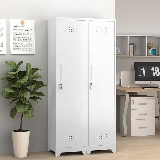 GREATMEET Broom Closet Storage Cabinet, 65'' Slim Metal Single Door Lockable Cleaning Storage Cabinet for Brooms, Mops & Cleaning Supplies, Utility Storage Cabinet for Garage, Laundry Room, White