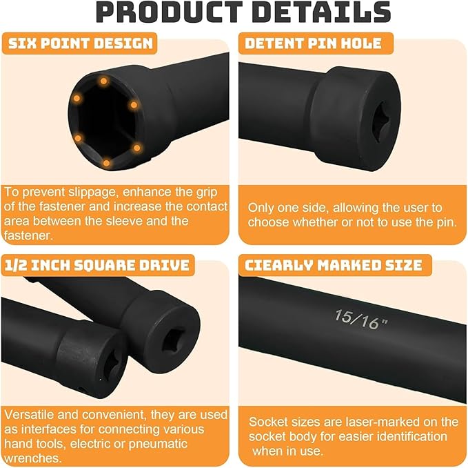 1/2 Inch Drive Extended Length Impact Socket Set, 6 Piece Extra Deep Impact Socket Set, Hex Size 3/4", 7/8", 15/16", 1-1/16", 1-1/8", 1-1/4", for High Torque Use with Case