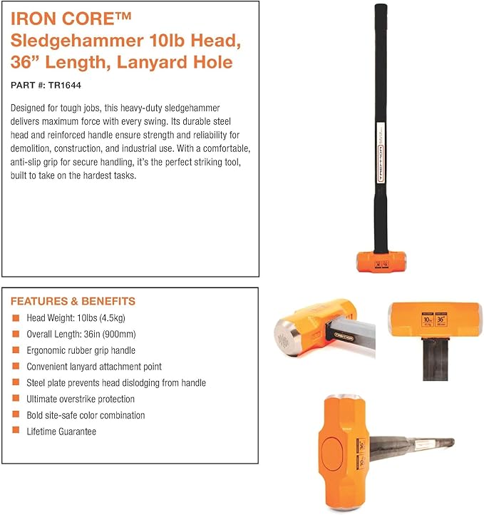 TREMMOR | IRON CORE Sledge Hammer (10 LB. Head, 36 inch Handle)