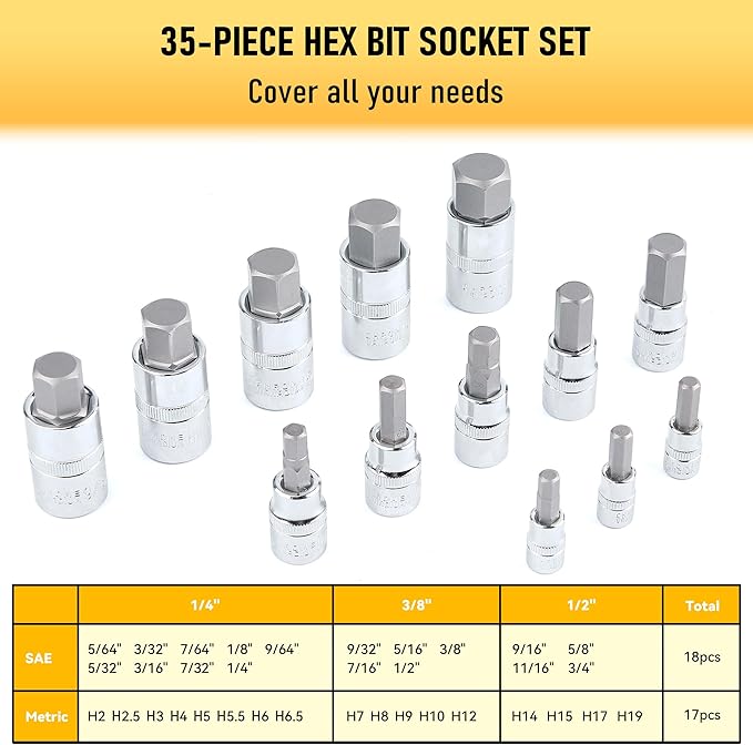 107-Piece Master Torx & Allen Bit Socket Set, S2 Steel, 1/4" 3/8" 1/2" Drive, Long Torx, Ball End Hex, Tamper-Resistant Star, E-Star Sockets, SAE & Metric (Chrome-Polished Set)