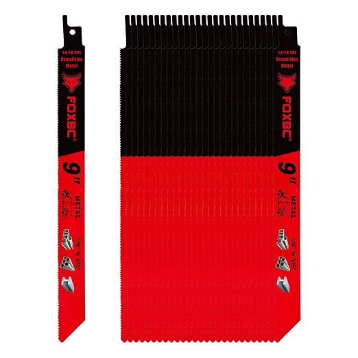 FOXBC 9 Inch 14/18 TPI Reciprocating Saw Blades Demolition for Auto Dismantling, Diablo Sawzall Blade 1/16-5/16 Medium Metals Cutting, Bi-Metal, 25-Pack