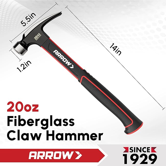 ARROW 20oz Straight Claw Hammer with Magnetic Nail Holder, Smooth Face and Forged Steel Head, Shock-Absorbing Fiberglass Handle, for Carpentry and General Purpose