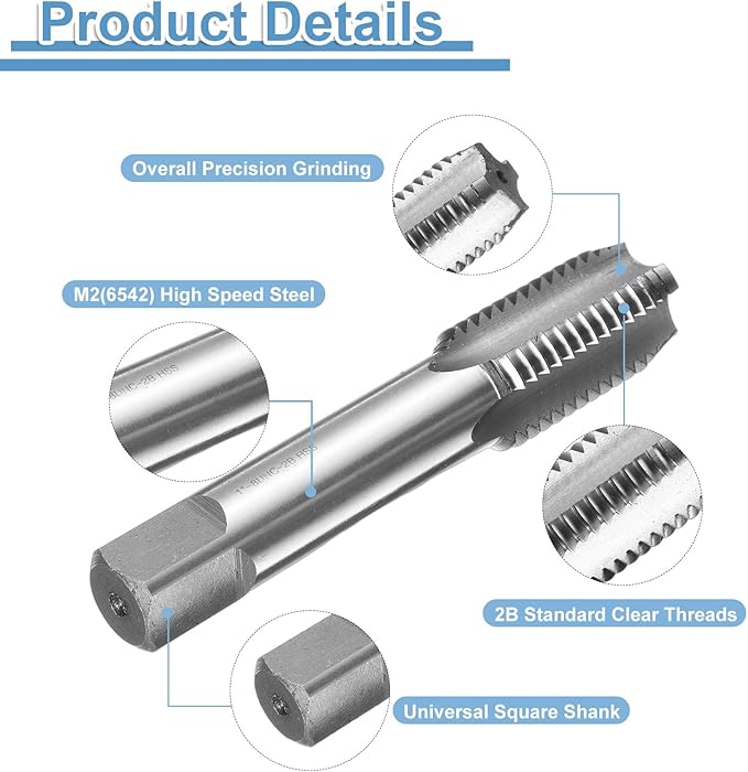 uxcell Hand Bottom Tap 1-8 UNC 2B Thread Bottoming Style Threading Taps High Speed Steel HSS6542 Straight Flutes Screw Tapping Tool