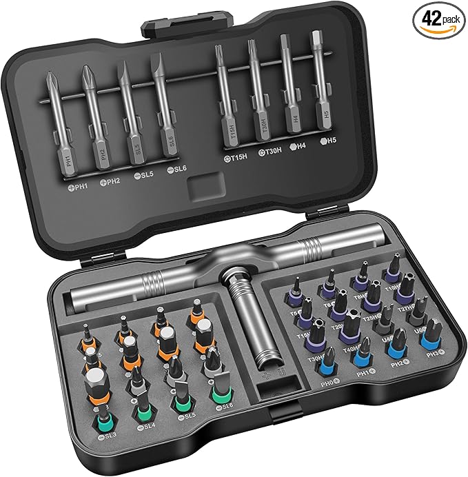 42 in 1 Magnetic Screwdriver, DIY Ratchet Screwdriver Set, Multi Bit Ratcheting Screwdriver Set with Storage Case Repair Tool Kit for Computer Eyeglass Bicycles Watch, Furniture