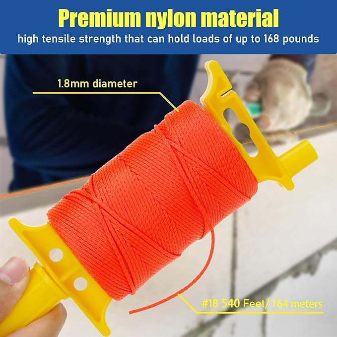 LURKA #18 Mason Line String with Post & Pipe Level & 5 Line Levels, 540 Feet Braided Nylon Twine, High-Visibility String Line for Construction, Gardening, DIY, and Outdoor Projects (Orange)