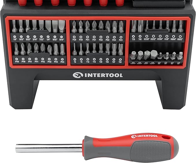 INTERTOOL 114-Piece Screwdriver Set with Mountable Rack, Magnetic Tips, Swivel-End Precision Screwdrivers, Bits, Nut Drivers, Hex Keys, DIY, Tool Gift VT08-3372