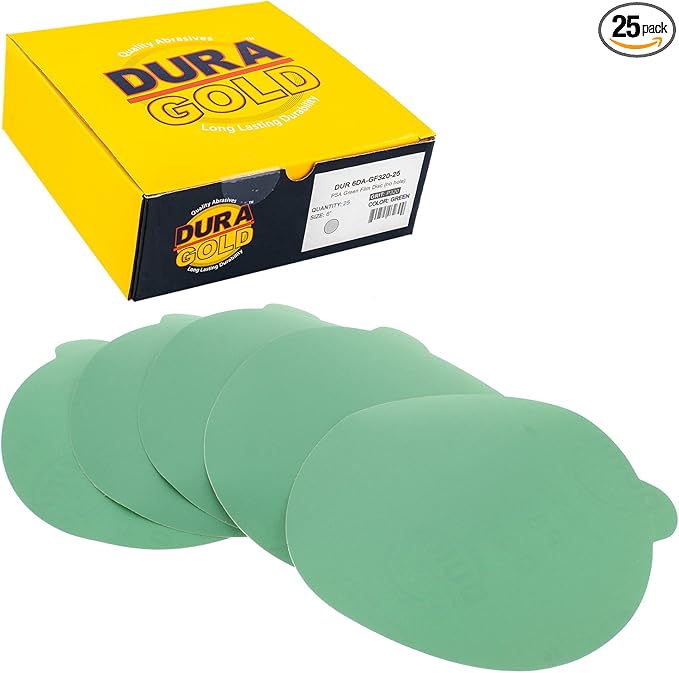 Dura-Gold Premium 6" Green Film PSA Sanding Discs - 320 Grit (Box of 25) - Self Adhesive Stickyback Sandpaper for DA Sander, Finishing Fine Cut Abrasive - Sand Automotive Car Paint, Woodworking Wood