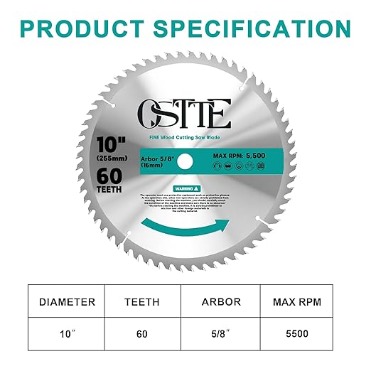 10-Inch Table Saw Blade 60 T, 5/8 Inch Arbor Circular Saw Blades, Carbide Tipped Teeth Miter Saw Blade for Cutting Wood, 1 Pack